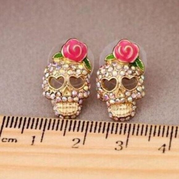 PinkDiva Jewelry - Day of the Dead Sugar Skull Rhinestone Enamel Earrings